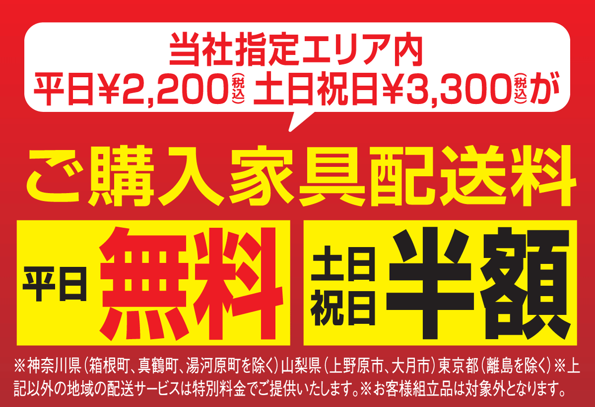指定エリア内平日配送料無料、土日祝は半額でお届けできます。