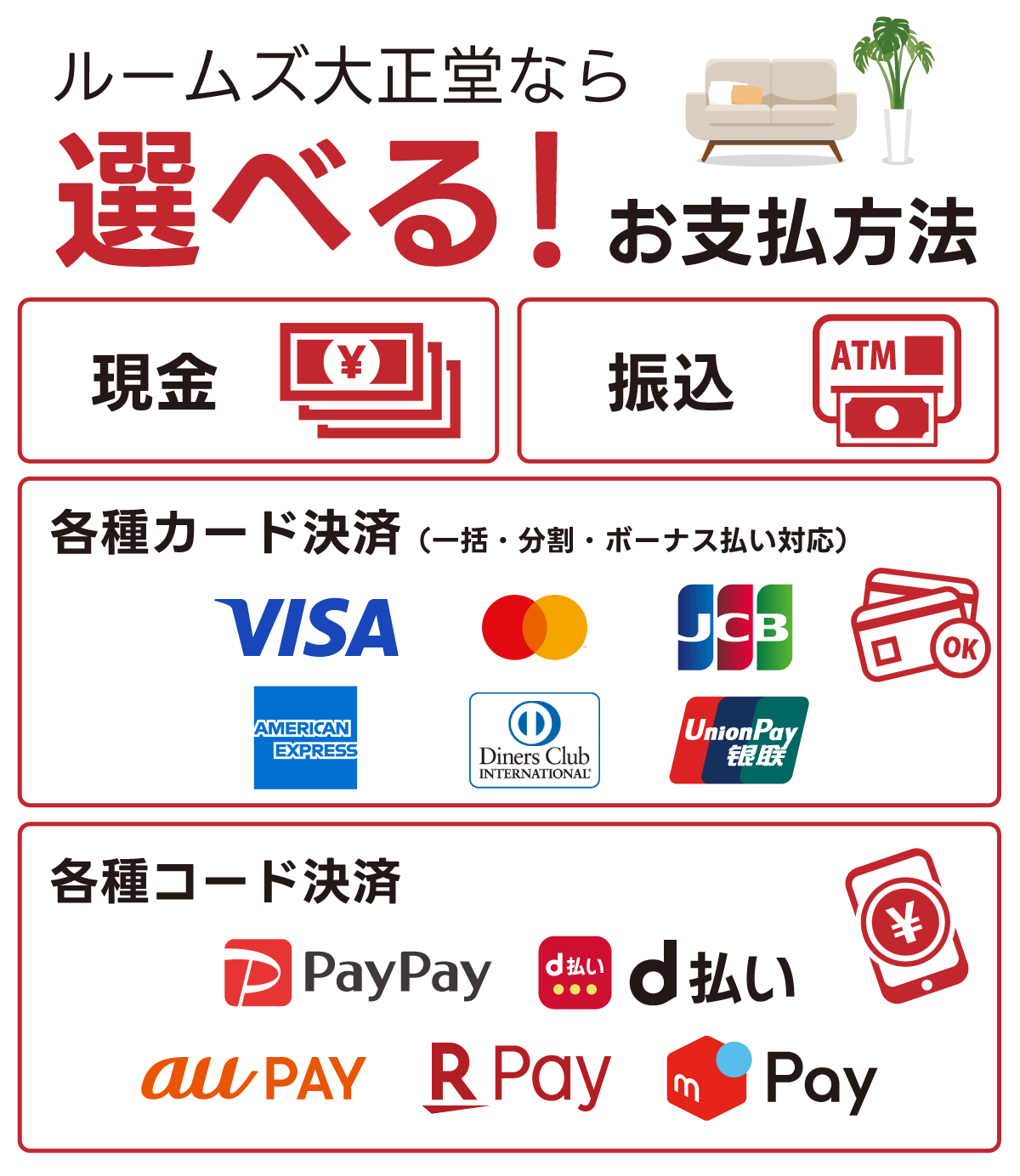 ベッド限定！大特価セールでは、現金払い・お振込み・クレジットカード・コード決済など様々なお支払い方法をお選びいただけます。