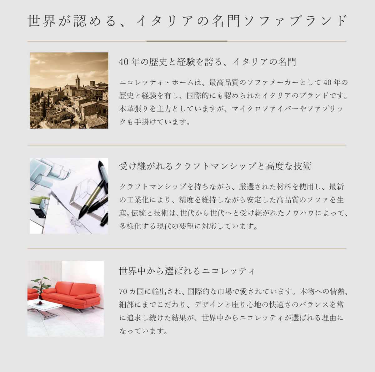 ｢NICOLETTI（ニコレッティ）｣は｢快適さ｣･｢品質｣、そして｢デザイン｣にこだわりを持った、イタリア製の革張りソファーブランドです。 1967年、イタリア南東部にある町マテラにて、現在の会長である Mr.Giusseppe Nicoletti によりソファーとアームチェアーの生産から始まりました。 以来、40年の経験で培った伝統・刷新力・職人技能・機械技術を一つにし｢NICOLETTI｣は革張りソファのトップブランドとなりました。